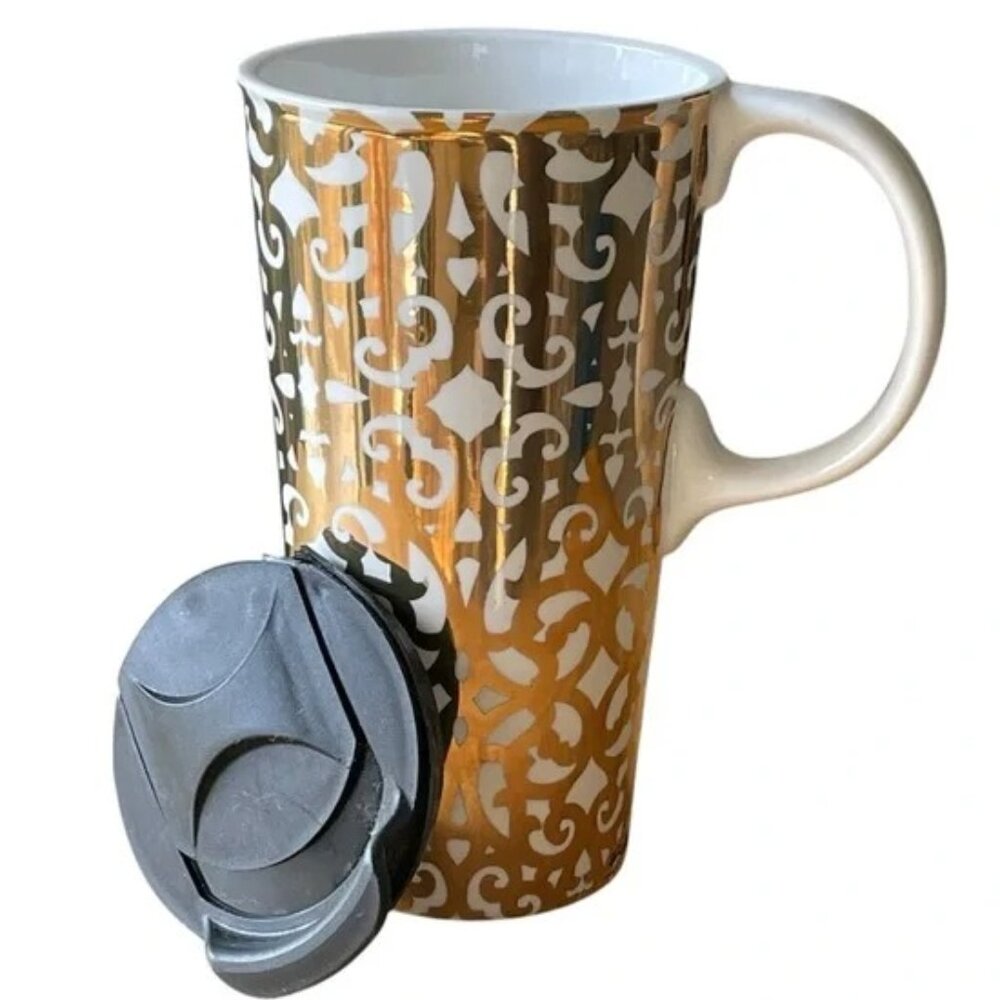 CYPRESS HOMES 17oz gold foil lace design travel mug handle celestial holiday EUC